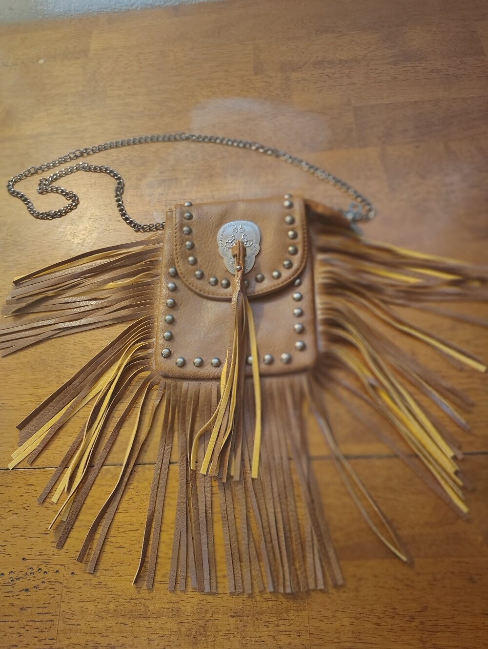 Vintage Style Small Fringed Brown Crossbody Bag with Studs and Concho Accent